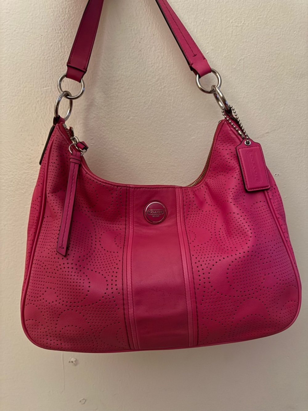 Hot Pink Coach Perforated Signature Stripe Leather Hobo Shoulder Purse